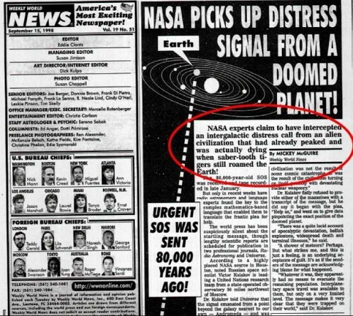 15 settembre 1998 nel Weekly World News, volume 19, apice 51.
