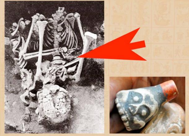 Scheletro di un uomo sepolto nel tempio del dio del vento, Tlatelolco, con un fischietto funebre azteco (indicato). ( Roberto Velázquez )