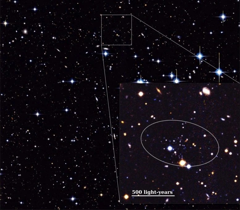 Andromeda XXXV non è solo la galassia satellite più piccola e debole conosciuta nel sistema di Andromeda, ma è anche distante circa 3 milioni di anni luce, il che la rende molto difficile da individuare. L'ellisse nell'inserto mostra dove è stata scoperta questa galassia compagna. Crediti: CFHT/MegaCam/PAndAS (investigatore principale: Alan W. McConnachie; elaborazione delle immagini: Marcos Arias)