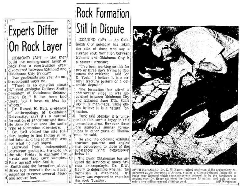 Tre ritagli dal quotidiano dell'Oklahoma "The Lawton Constitution" dell'estate 1969 (29/06/69, pag. 4A, 08/07/69, pag. 18, 10/07/69, pag. 5A) che descrivono le differenze. opinione sulla natura di questa scoperta (geologica). © Credito immagine: Pubblico dominio