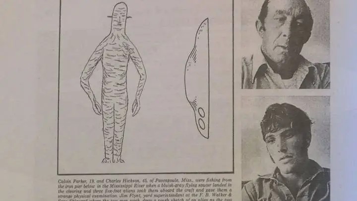 Questa è un'illustrazione di ciò che Calvin Parker e Charles Hickson hanno descritto di aver visto la notte del presunto rapimento alieno. Credito: WLOX.